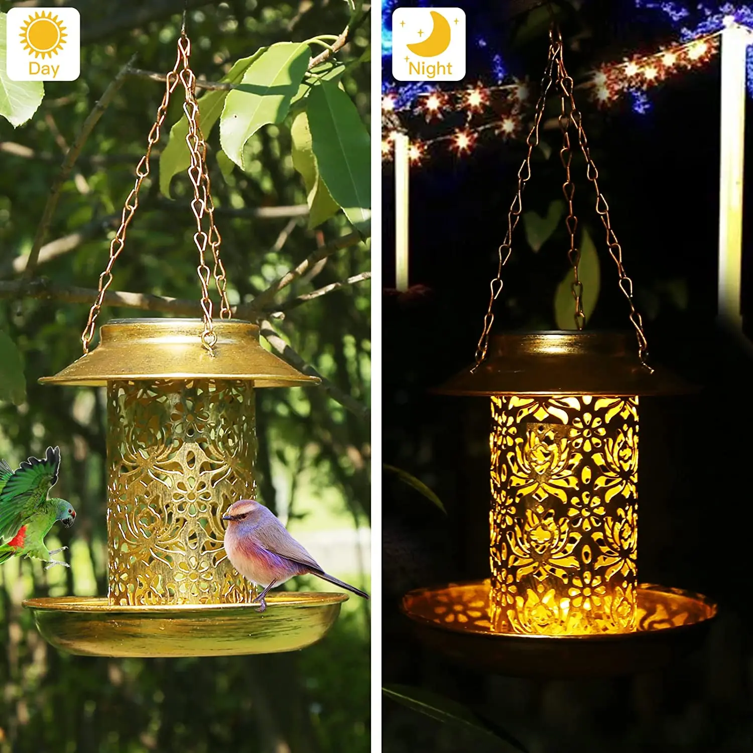 Солнечная садовая легкая кормушка для птиц Металлический подвесной птичник на открытом воздухе с водонепроницаемым солнечным освещением для украшения деревьев на заднем дворе - 1