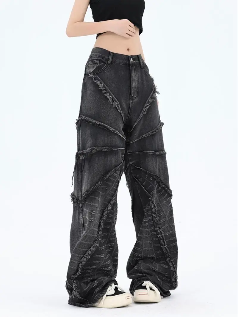 2023 Уличные джинсы-скинни с необработанным краем и высокой талией в стиле ретро, мужские Y2K, модные повседневные, Свободные, Универсальные, с потертостями, широкие, женские - 1