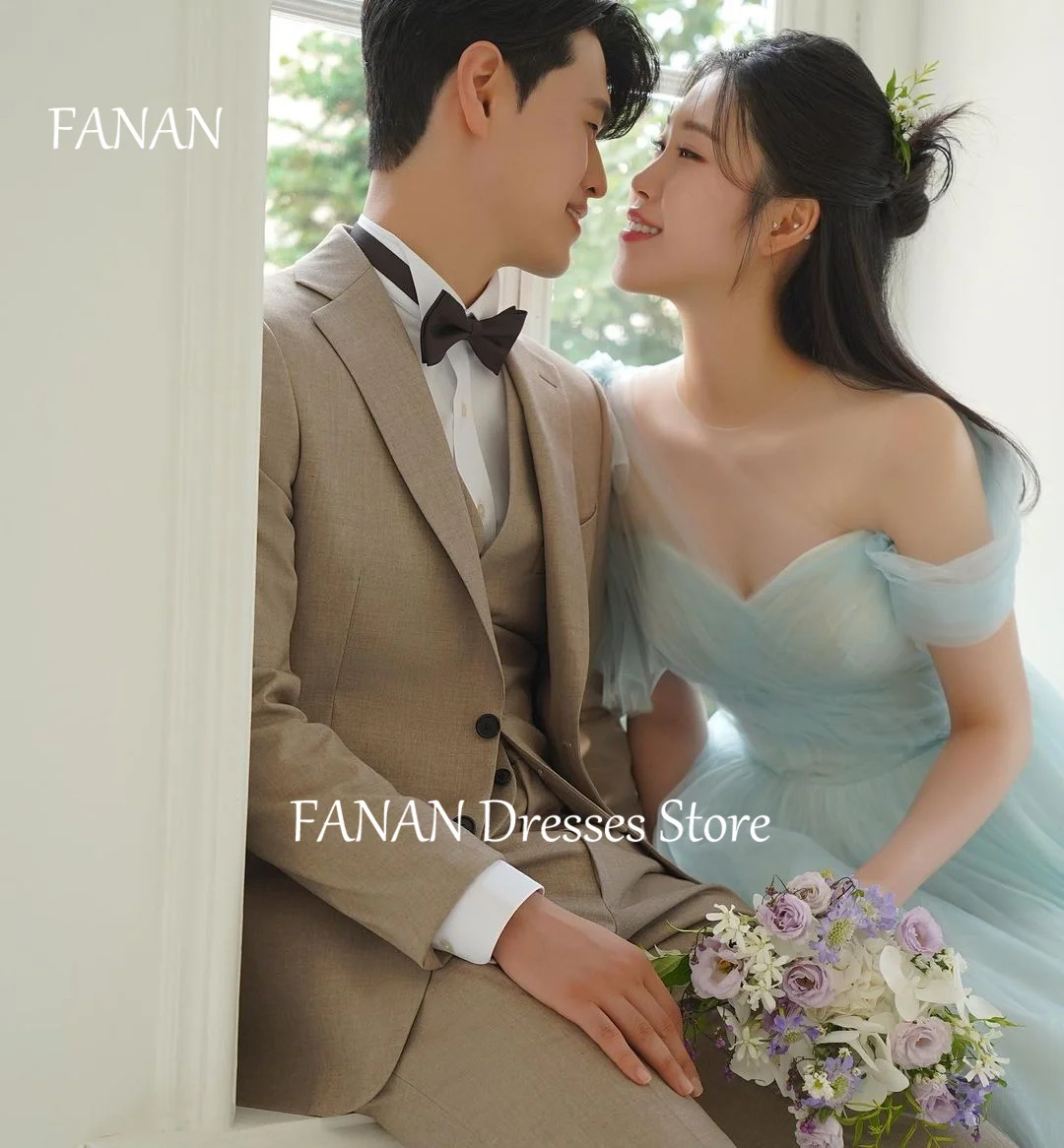 Вечерние платья FANAN Tulle Fairy без бретелек, Корейские синие элегантные Свадебные Женские вечерние платья, платья для выпускного вечера - 1