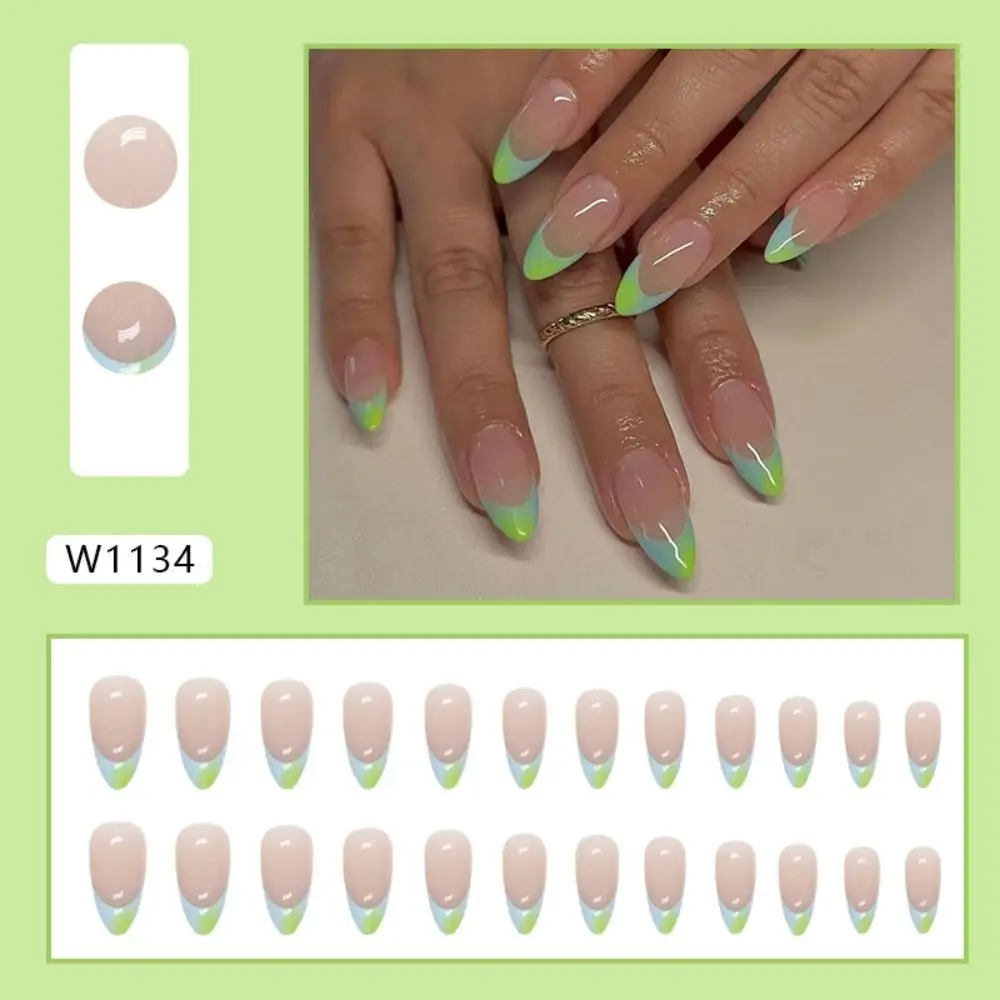 Длинные накладные ногти, новые миндалевидные накладные ногти с полным покрытием, Зеленый французский край, съемные типсы для ногтей своими руками - 1