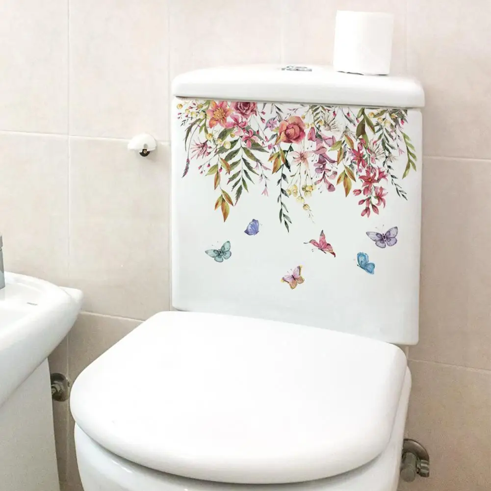 Наклейка для декора ванной комнаты, яркий цветок, бабочка, наклейка на туалет, долговечная наклейка из ПВХ для домашнего украшения ванной комнаты, уникальная - 1