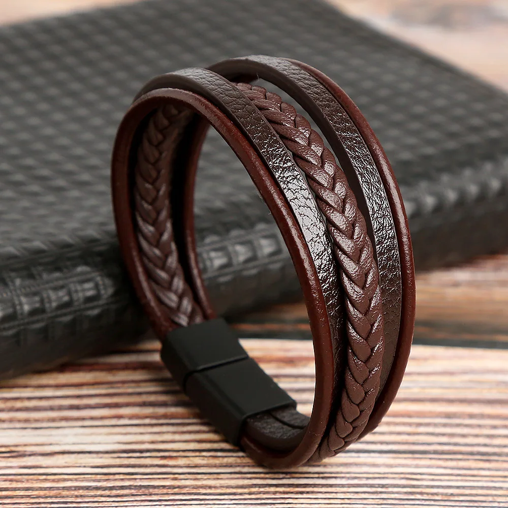 Винтажный мужской многослойный кожаный браслет с застежкой из сплава нержавеющей стали-подарок мальчику - 1