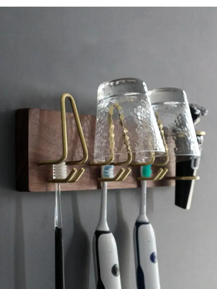 Многофункциональная стойка для хранения принадлежностей для ванной комнаты, дозатор зубной пасты, настенный Деревянный латунный крючок для электрической зубной щетки - 1