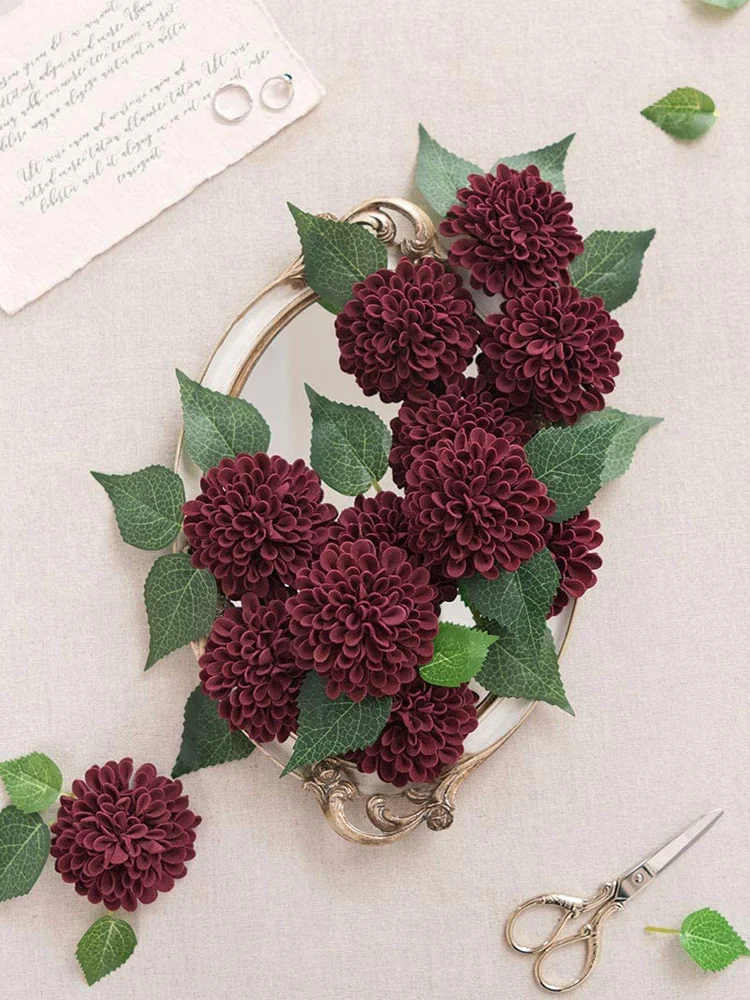 D-Seven Искусственные цветы 25шт Бордовый Георгин, маргаритка со стеблем для свадебных букетов 