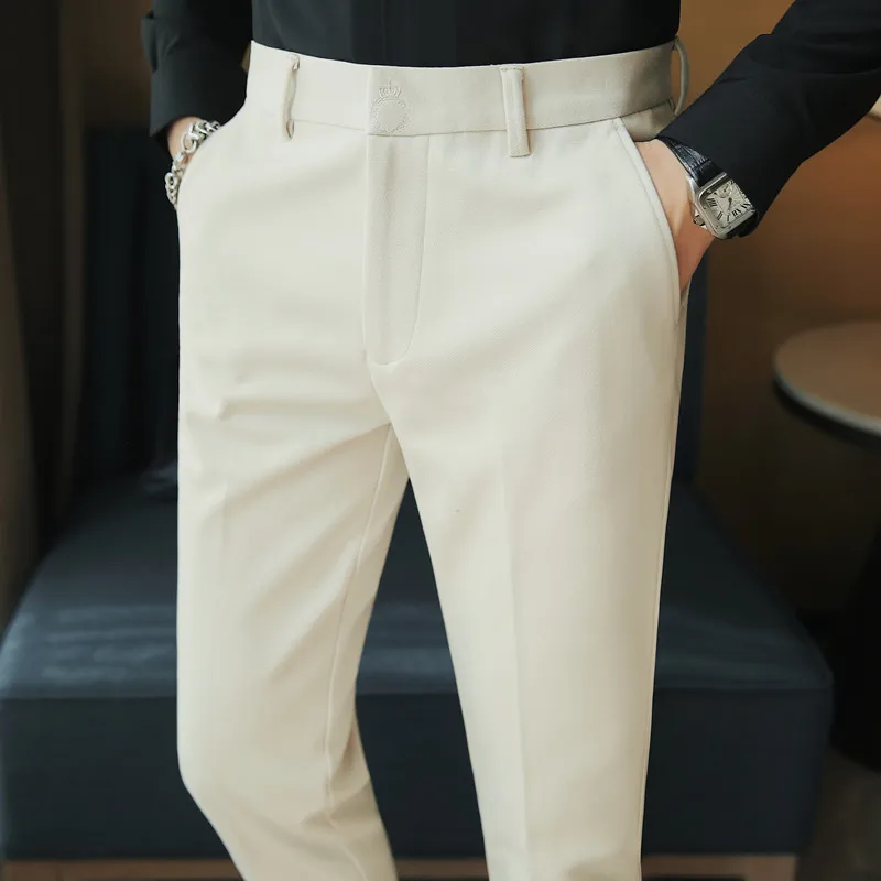 Зимние Деловые брюки с вышивкой, Мужские Однотонные Шерстяные Костюмные брюки, Повседневные Облегающие Офисные Социальные брюки, Костюм Homme - 1