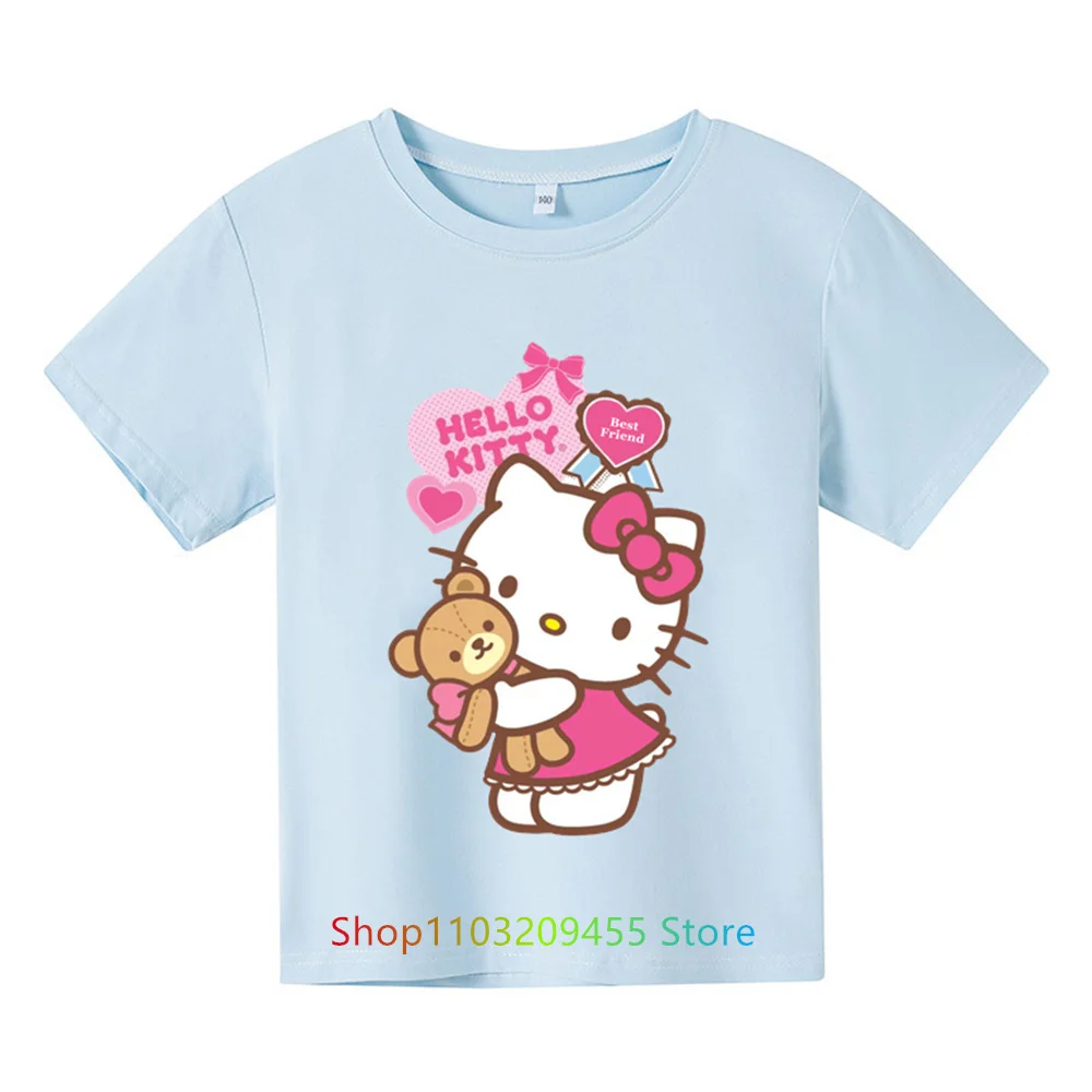 Футболка Hello Kitty, детская одежда для мальчиков и девочек, одежда для девочек, топы с короткими рукавами, спортивная мода с короткими рукавами для детей от 3 до 14 лет - 1