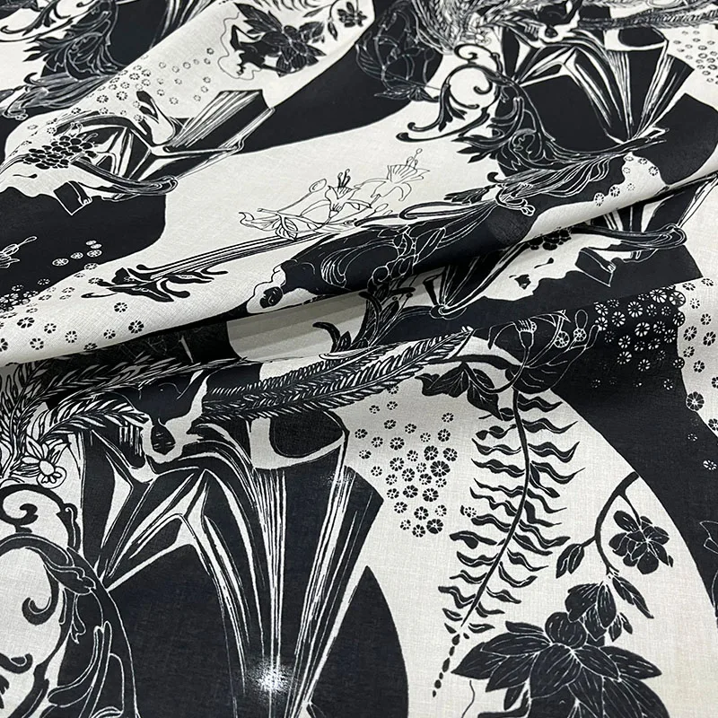 Модный черно-белый абстрактный цветочный принт Тонкая хлопчатобумажная ткань для женского платья блузки ручной работы - 1