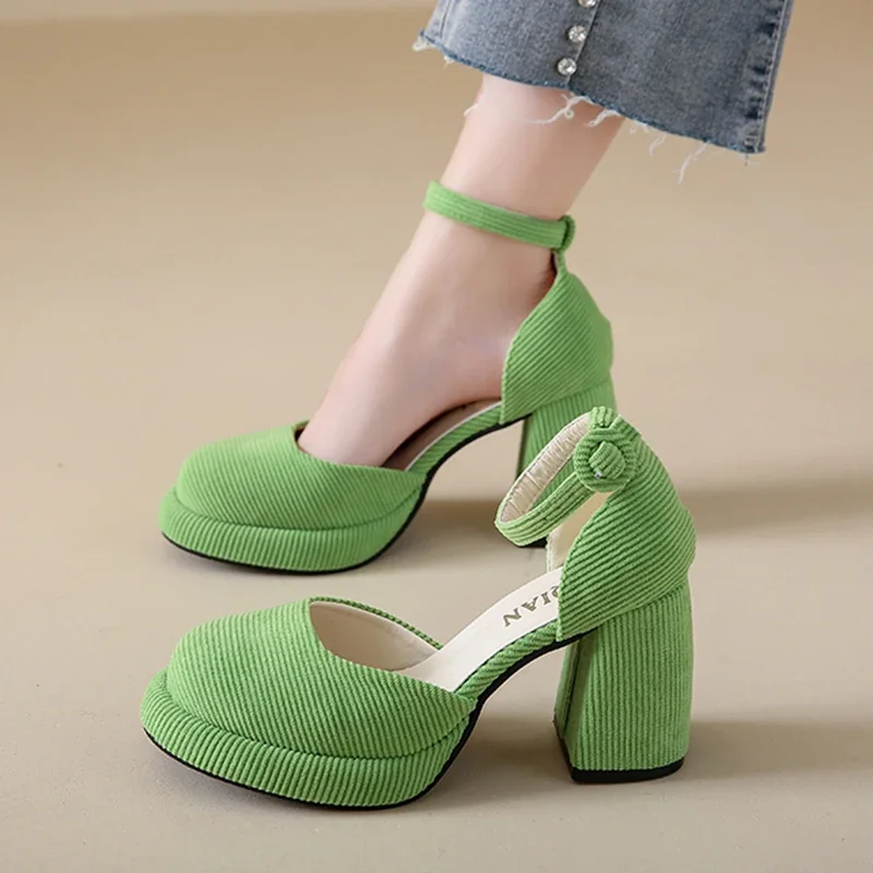 Зеленые Женские туфли-лодочки на высоком каблуке 2023, Осенние Туфли Мэри Джейн с ремешками на щиколотках На Массивной платформе, Женские Вельветовые Вечерние Туфли На Толстом каблуке - 1