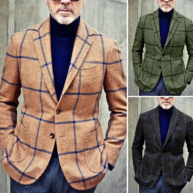 Мужской классический пиджак в европейскую и американскую клетку в стиле ретро с двумя пуговицами, модный деловой повседневный пиджак для вечеринок на каждый день - 1
