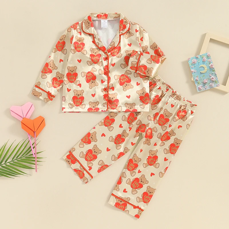 Весенне-осенние пижамные комплекты для девочек, рубашка с длинными рукавами и отворотом на пуговицах, брюки с принтом медведя в виде сердца, пижамы - 1
