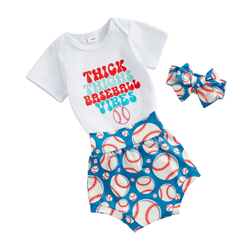 Бейсбольный костюм для новорожденной девочки, комбинезон с буквенным принтом, Бейсбольные шорты, Повязка на голову, летняя одежда для младенцев, 3 шт. - 1