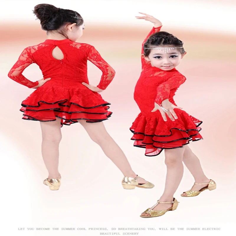 детское платье для Латиноамериканских Танцев с длинными рукавами, желтое, черное, красное Кружевное Платье с цветочным Рисунком, Юбка Для девочек, Vestido De Baile Latino, Детские Танцевальные Костюмы - 1