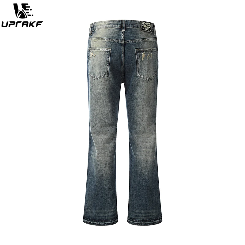UPRAKF Расклешенные выцветшие синие джинсы, уличная одежда, базовые брюки, уличная осенняя повседневная джинсовая одежда с карманами, летняя мода - 1