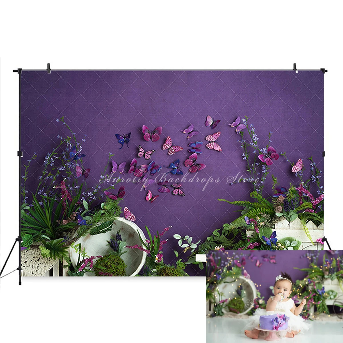 Фон в саду с бабочками Весенний Цветок Реквизит для детской Фотосессии Ребенок Взрослая девушка для фотосессии Фиолетовый Декор Фон для торта - 1