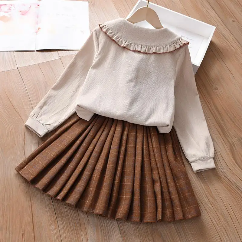 Новая весенне-осенняя детская короткая юбка среднего размера для девочек, рубашка, плиссированная юбка, комплект из двух предметов в академическом стиле - 1