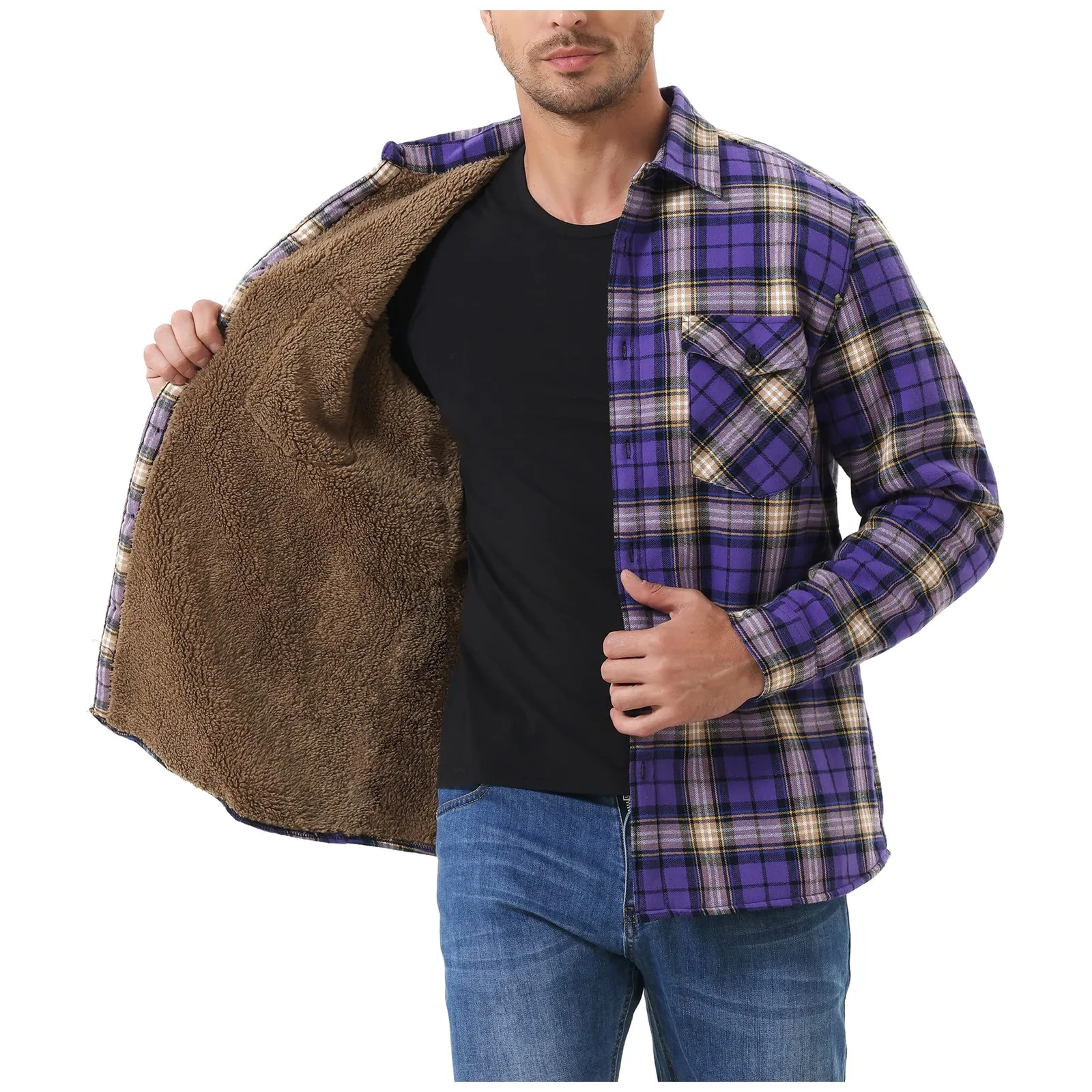 2023 Новая мужская утолщенная куртка с длинными рукавами и лацканами, клетчатая куртка из композитного плюша, зимняя теплая верхняя одежда, мужская одежда - 2
