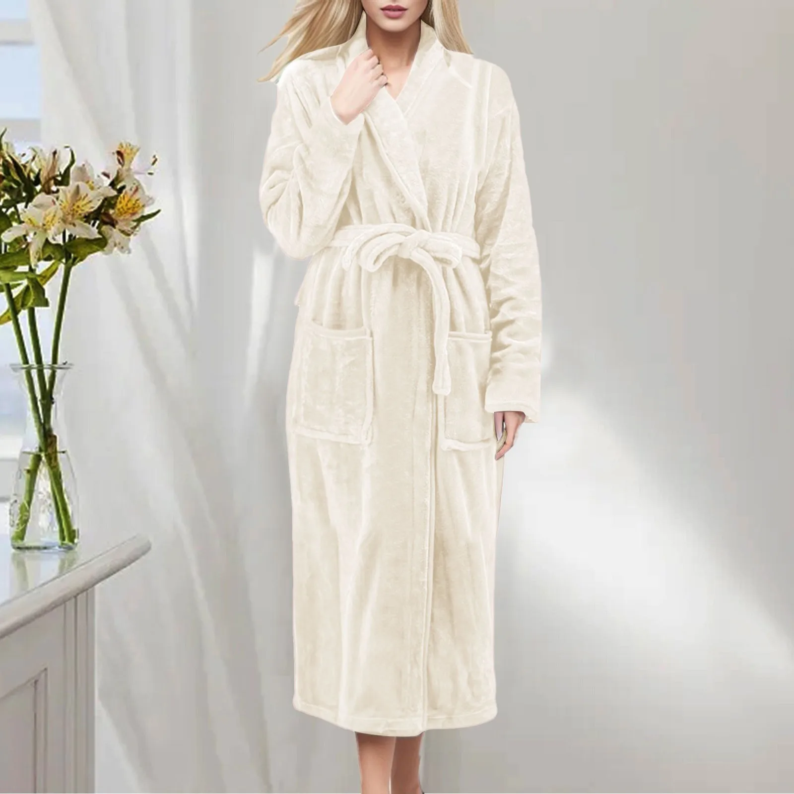Утепленные пушистые халаты, халат, Длинный Женский флисовый теплый халат с капюшоном, фланелевое кимоно из кролика, банный халат, халат, Бархатная пижама - 2