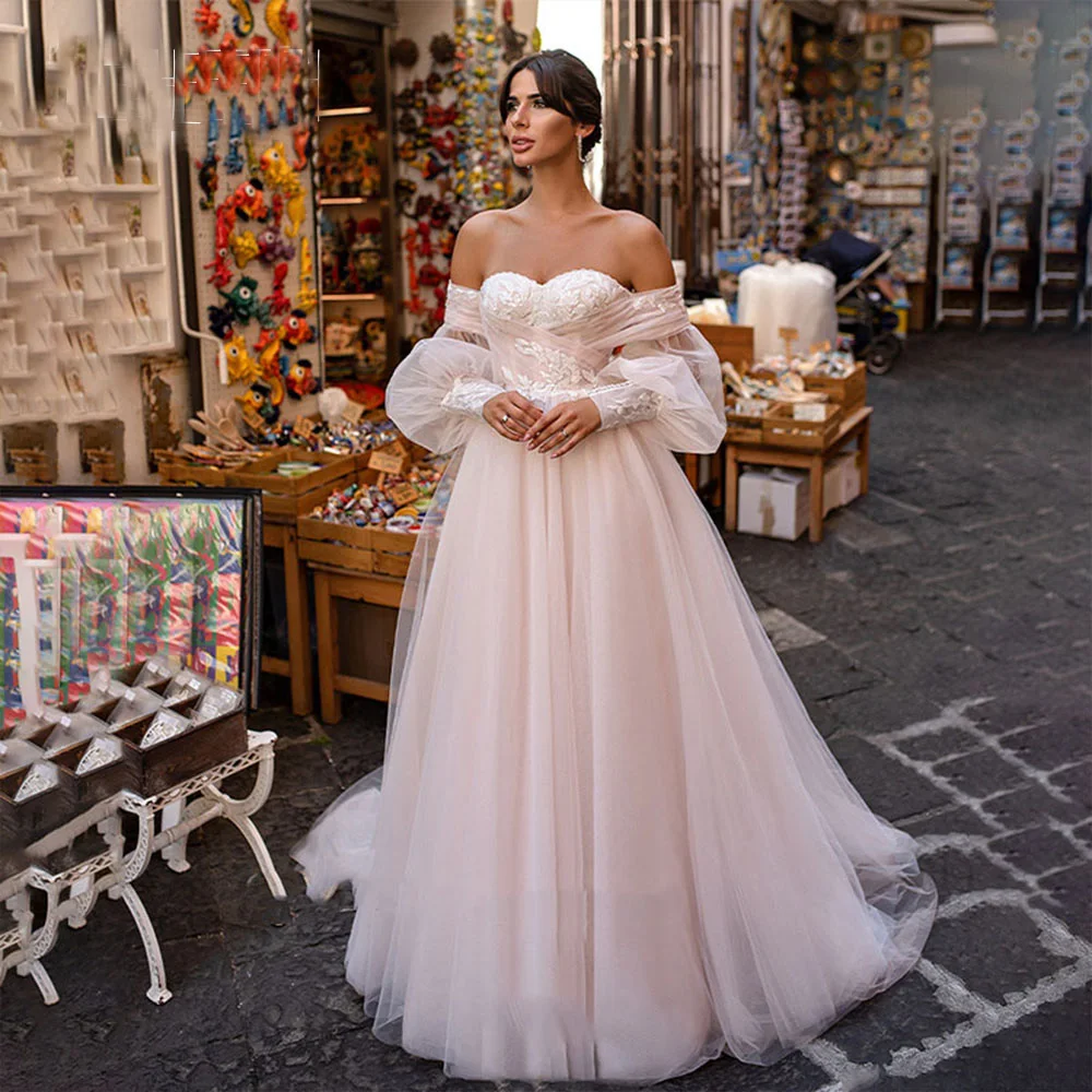 Свадебное платье из тюля с пышными рукавами в стиле Бохо, свадебное платье трапециевидной формы с аппликацией, свадебное платье со стреловидным шлейфом, vestidos de novia - 2