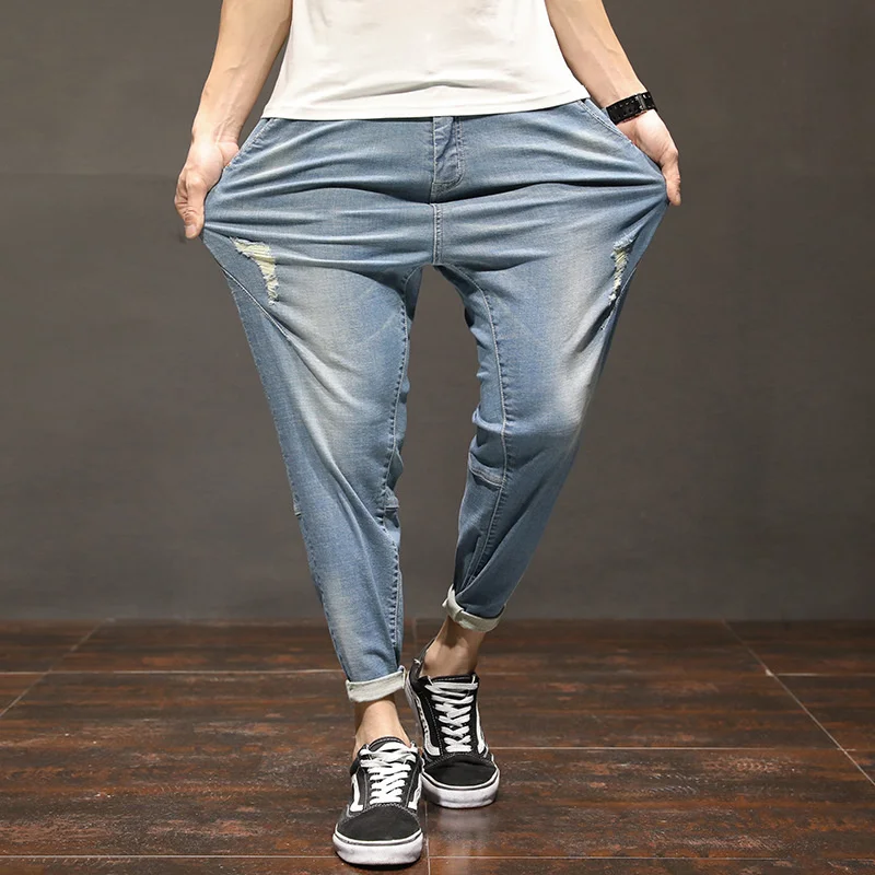 Летние Тонкие джинсы Для мужчин, Растянутые, Свободные, Узкие, Рваные джинсовые брюки, Большие размеры 48 46, Мужские ковбойские брюки с дырками от нищих - 2