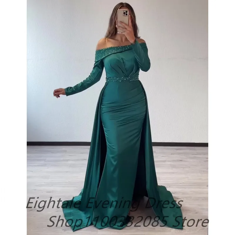 Eightale 2023 Зеленое атласное вечернее платье Русалки с длинным рукавом для свадебной вечеринки, расшитое бисером платье для выпускного вечера, Дубайское вечернее платье - 2