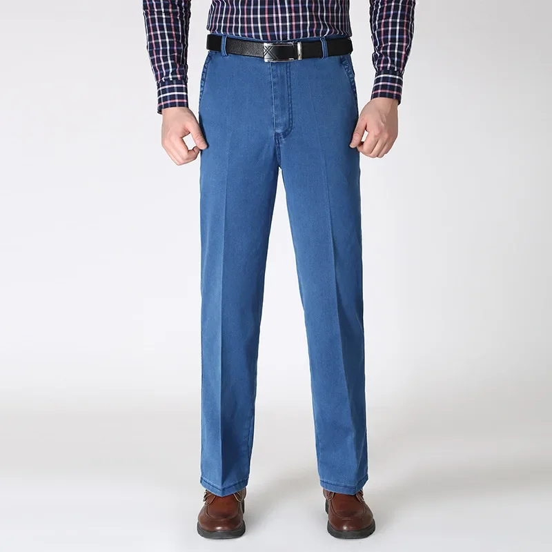 Мужские весенне-летние тонкие джинсы из денима среднего возраста, деловые прямые леггинсы с высокой талией, свободного кроя, большой стрейч, повседневная посадка - 2