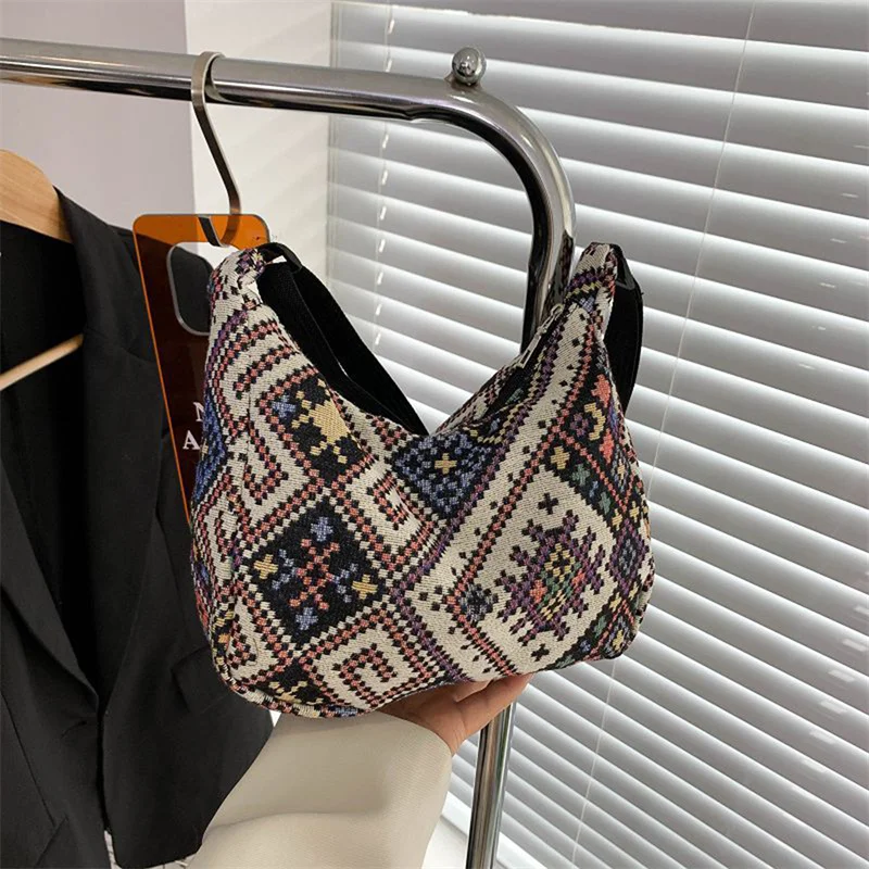 Женская дизайнерская сумка через плечо, винтажная сумка через плечо, вместительная сумка с карманами, сумка-хобо, универсальная тканевая сумка-мессенджер - 2