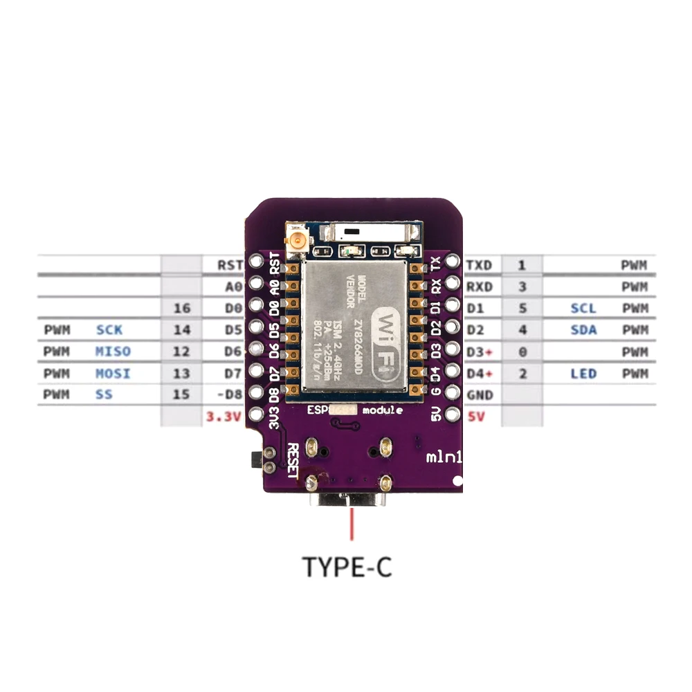 Плата разработки TYPE-C ESP8266 ESP-07/07S CH340G USB D1 Mini WIFI Со встроенными контактами 32-битного микроконтроллера MCU для 80 МГц160 МГц - 2