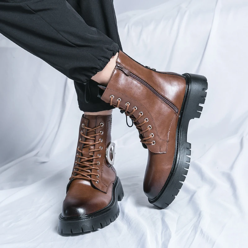 Новые Черные Мотоциклетные Ботинки для мужчин, Коричневые Короткие Ботинки на платформе со шнуровкой и круглым носком, Ботинки в западном стиле, Размер 38-45 - 2