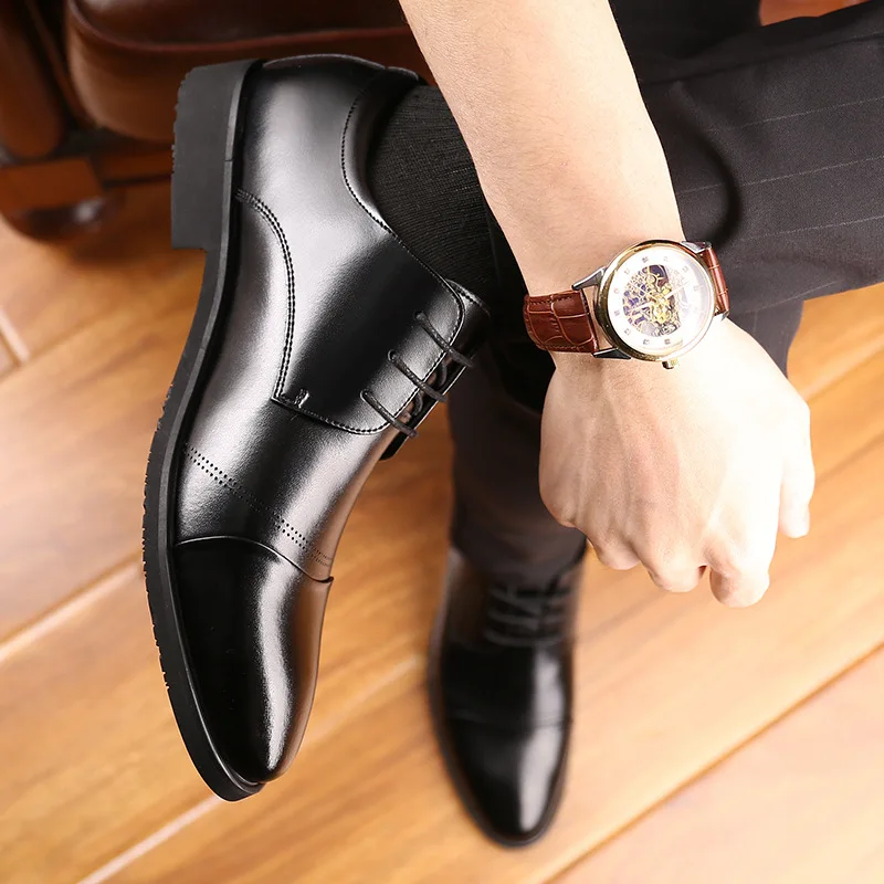 Мужские модельные туфли из коровьей спилка на квадратном каблуке со шнуровкой Four Seasons, увеличивающие рост, мужская деловая официальная одежда, обувь Hw75 - 2