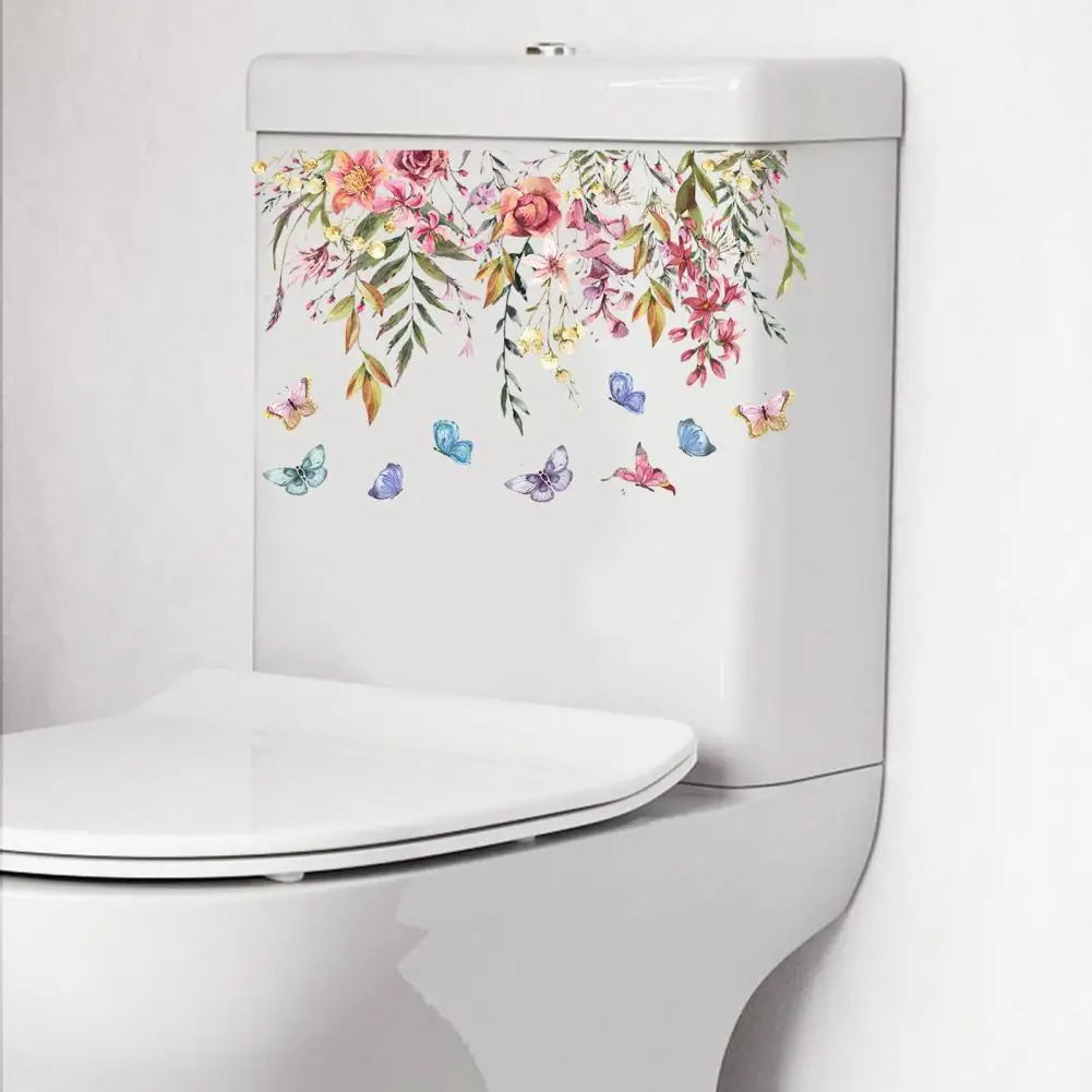 Наклейка для декора ванной комнаты, яркий цветок, бабочка, наклейка на туалет, долговечная наклейка из ПВХ для домашнего украшения ванной комнаты, уникальная - 2
