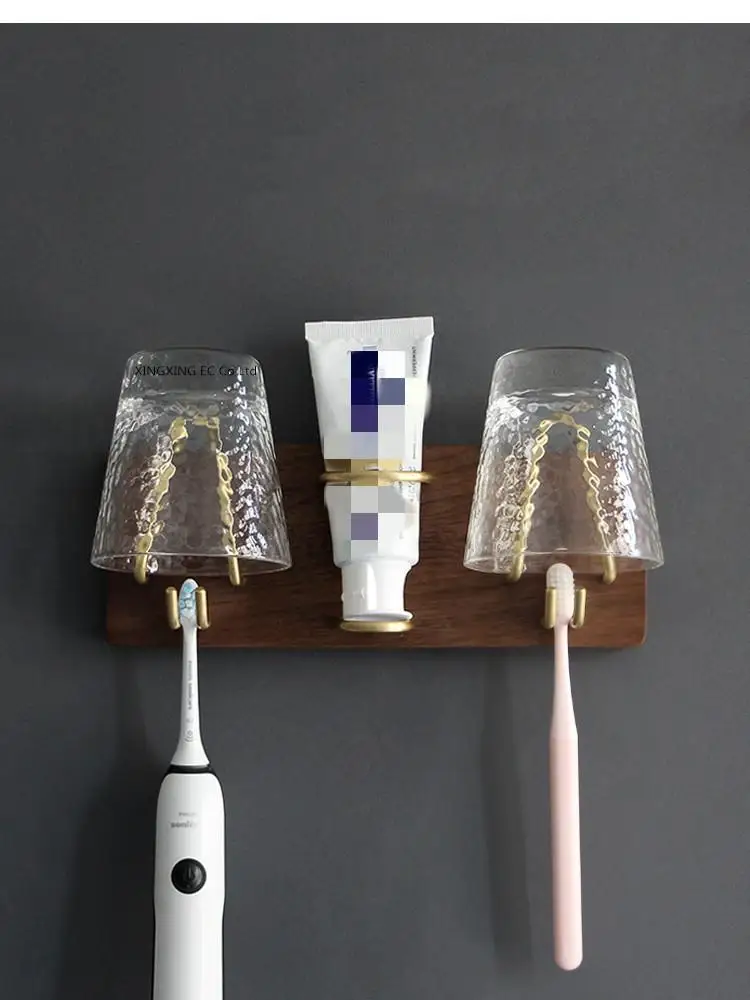 Многофункциональная стойка для хранения принадлежностей для ванной комнаты, дозатор зубной пасты, настенный Деревянный латунный крючок для электрической зубной щетки - 2