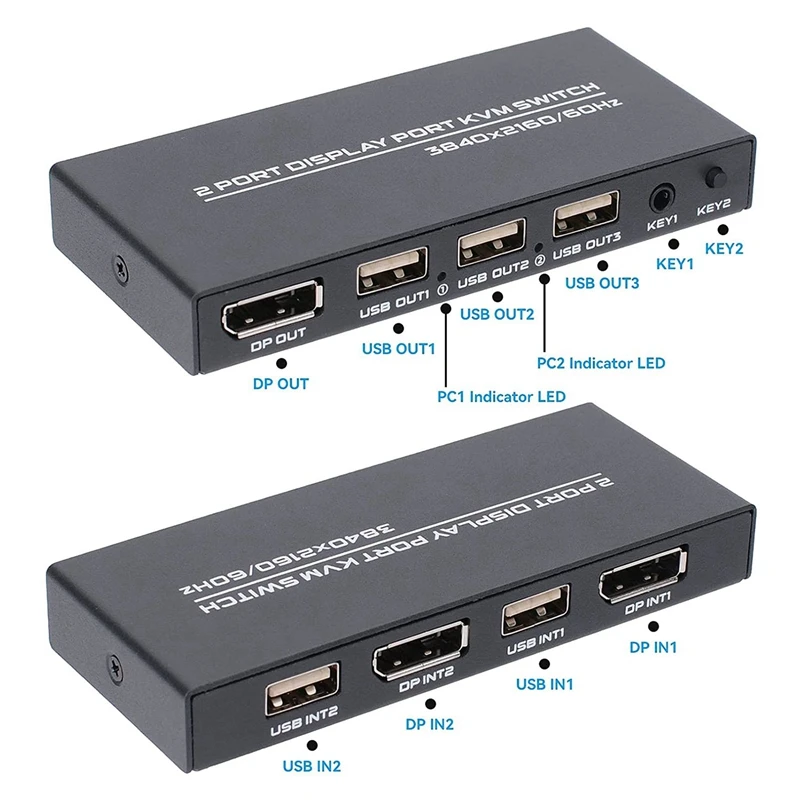 RISE-2X Переключатель Displayport KVM, 4K @ 60Hz DP USB-переключатель Для двух Компьютеров С общей Клавиатурой, Мышью, Принтером и Монитором Ultra HD - 2