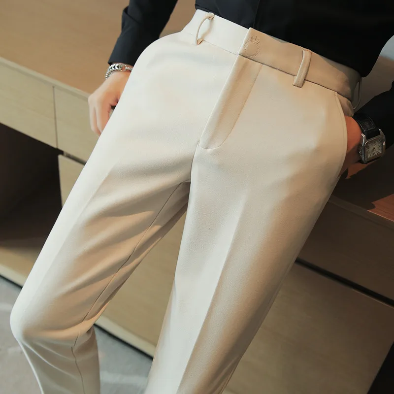 Зимние Деловые брюки с вышивкой, Мужские Однотонные Шерстяные Костюмные брюки, Повседневные Облегающие Офисные Социальные брюки, Костюм Homme - 2