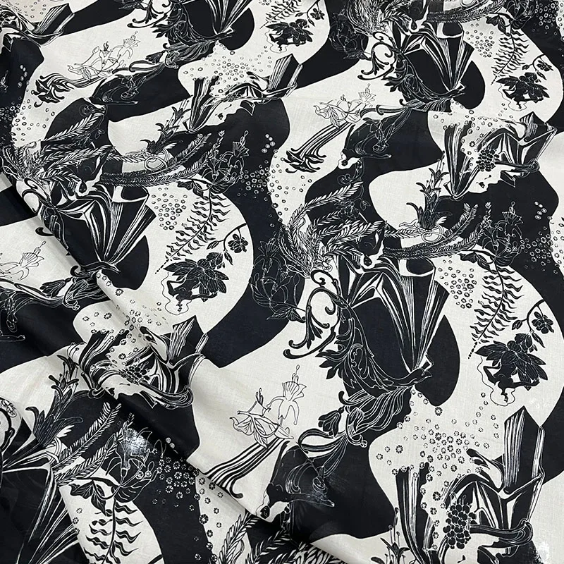 Модный черно-белый абстрактный цветочный принт Тонкая хлопчатобумажная ткань для женского платья блузки ручной работы - 2