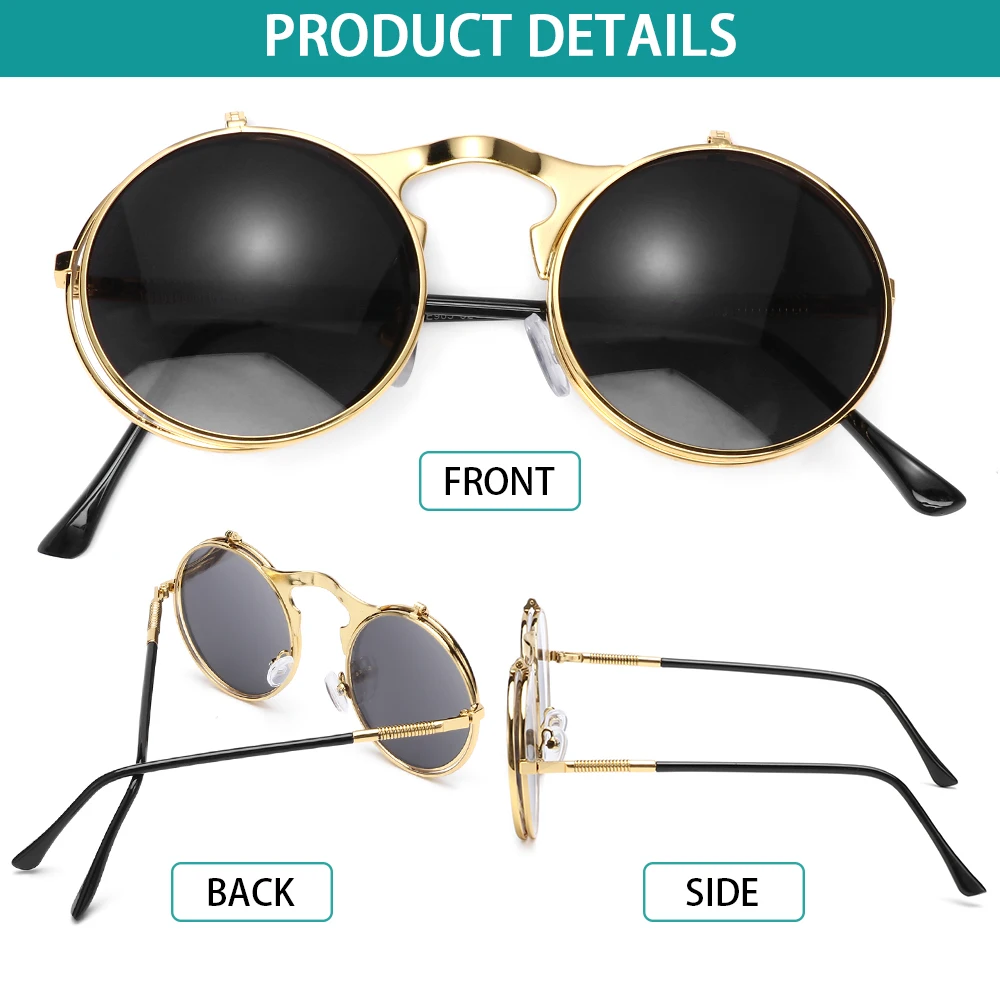 Мужские и женские круглые очки с защитой от ультрафиолета Солнцезащитные очки в стиле стимпанк Круглые солнцезащитные очки Солнцезащитные очки с откидной крышкой - 2