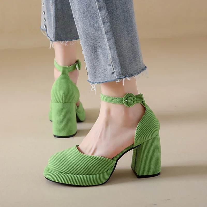 Зеленые Женские туфли-лодочки на высоком каблуке 2023, Осенние Туфли Мэри Джейн с ремешками на щиколотках На Массивной платформе, Женские Вельветовые Вечерние Туфли На Толстом каблуке - 2