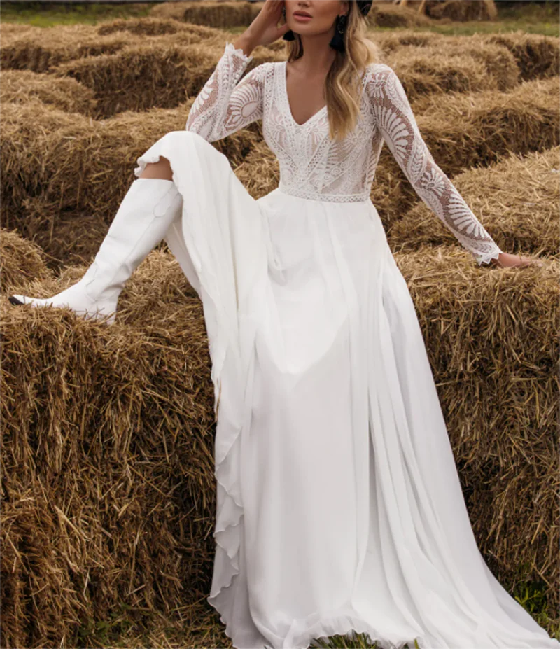 # 11215 Простой V-образный вырез с длинным рукавом, открытая спина, шлейф, Шифоновое кружевное богемное свадебное платье трапециевидной формы, свадебные платья, вечернее платье - 2