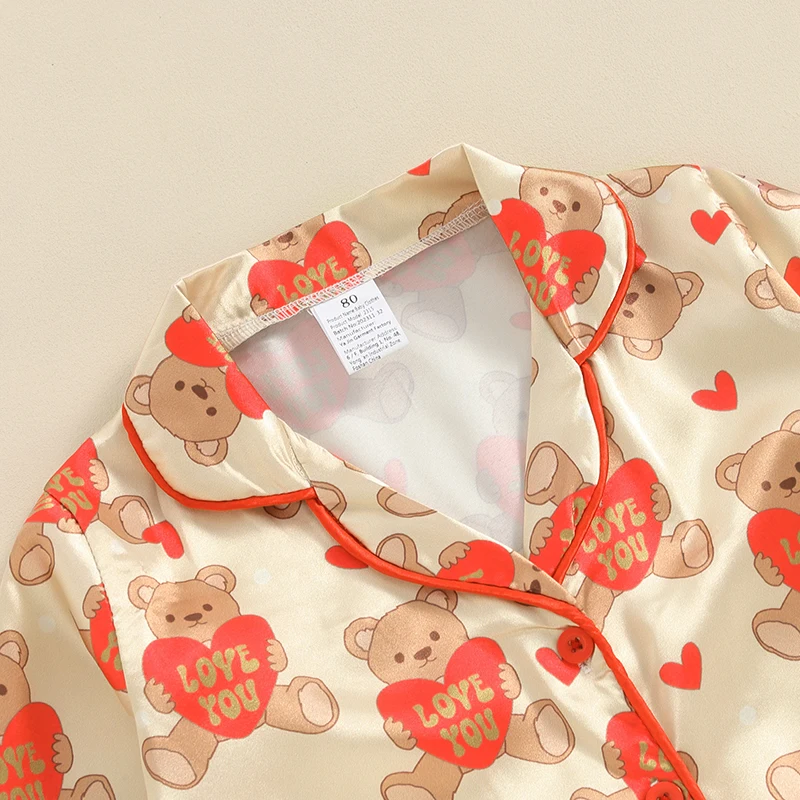 Весенне-осенние пижамные комплекты для девочек, рубашка с длинными рукавами и отворотом на пуговицах, брюки с принтом медведя в виде сердца, пижамы - 2
