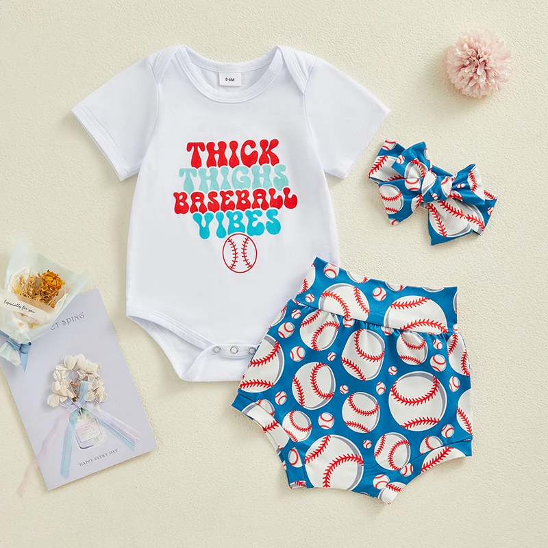 Бейсбольный костюм для новорожденной девочки, комбинезон с буквенным принтом, Бейсбольные шорты, Повязка на голову, летняя одежда для младенцев, 3 шт. - 2