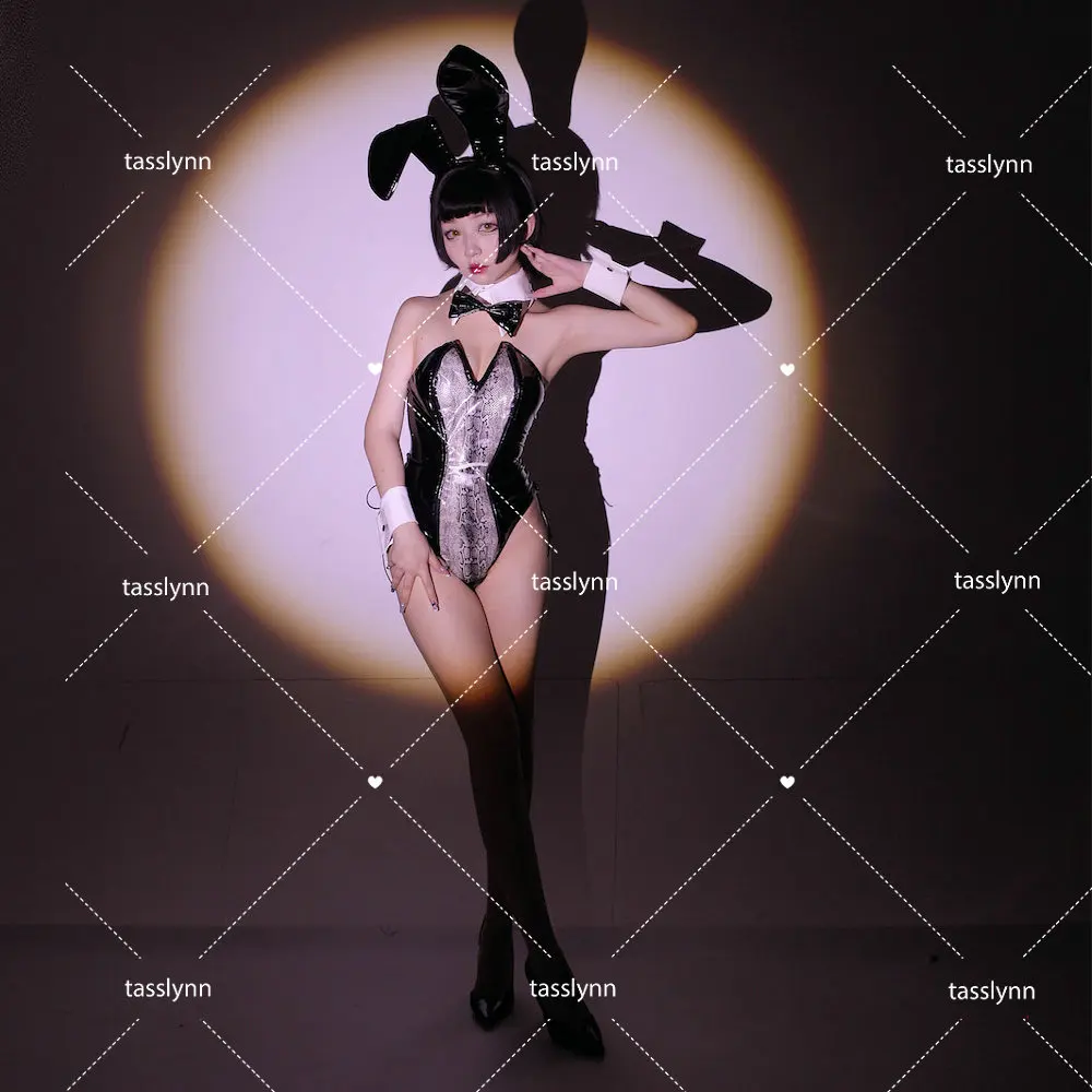 Кавайный прозрачный кролик косплей Эвелинн Банни Костюмы для девочек Прекрасный черный сексуальный комбинезон женский костюм на Хэллоуин с заячьими ушками - 2
