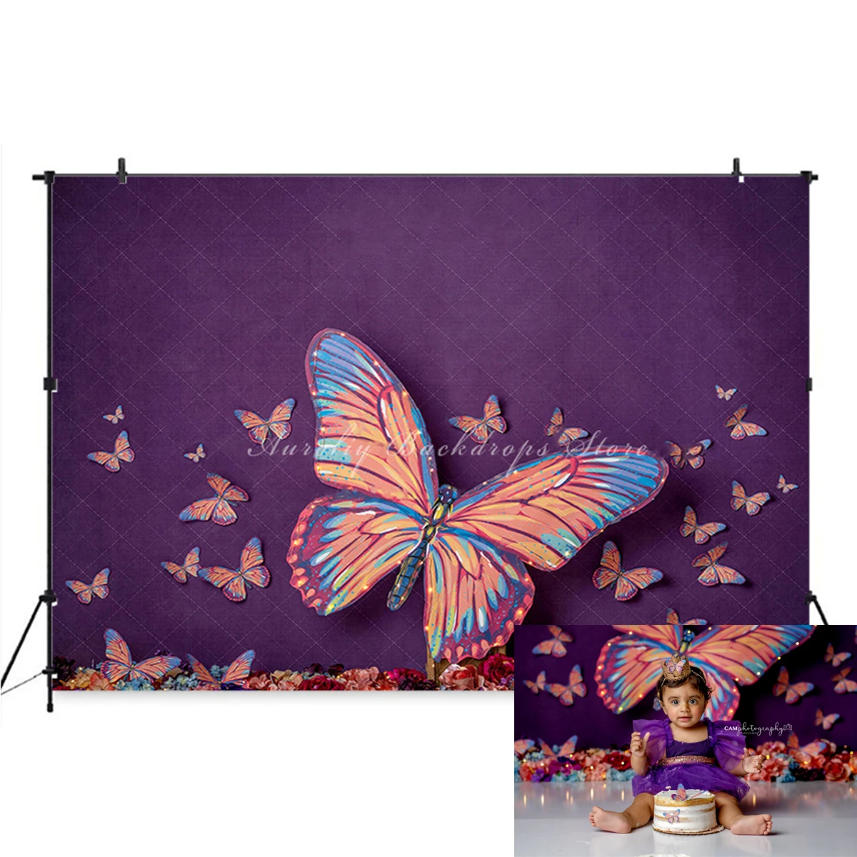 Фон в саду с бабочками Весенний Цветок Реквизит для детской Фотосессии Ребенок Взрослая девушка для фотосессии Фиолетовый Декор Фон для торта - 2