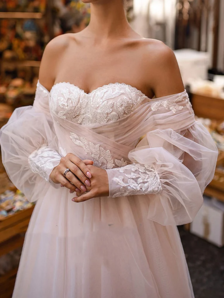 Свадебное платье из тюля с пышными рукавами в стиле Бохо, свадебное платье трапециевидной формы с аппликацией, свадебное платье со стреловидным шлейфом, vestidos de novia - 3