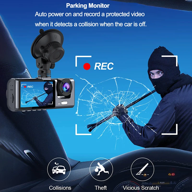 Видеорегистратор для автомобилей Камера заднего вида 1080P 3-канальная фронтальная внутренняя камера для автомобильного регистратора Видео 24-часовой парковочный монитор Черный - 3