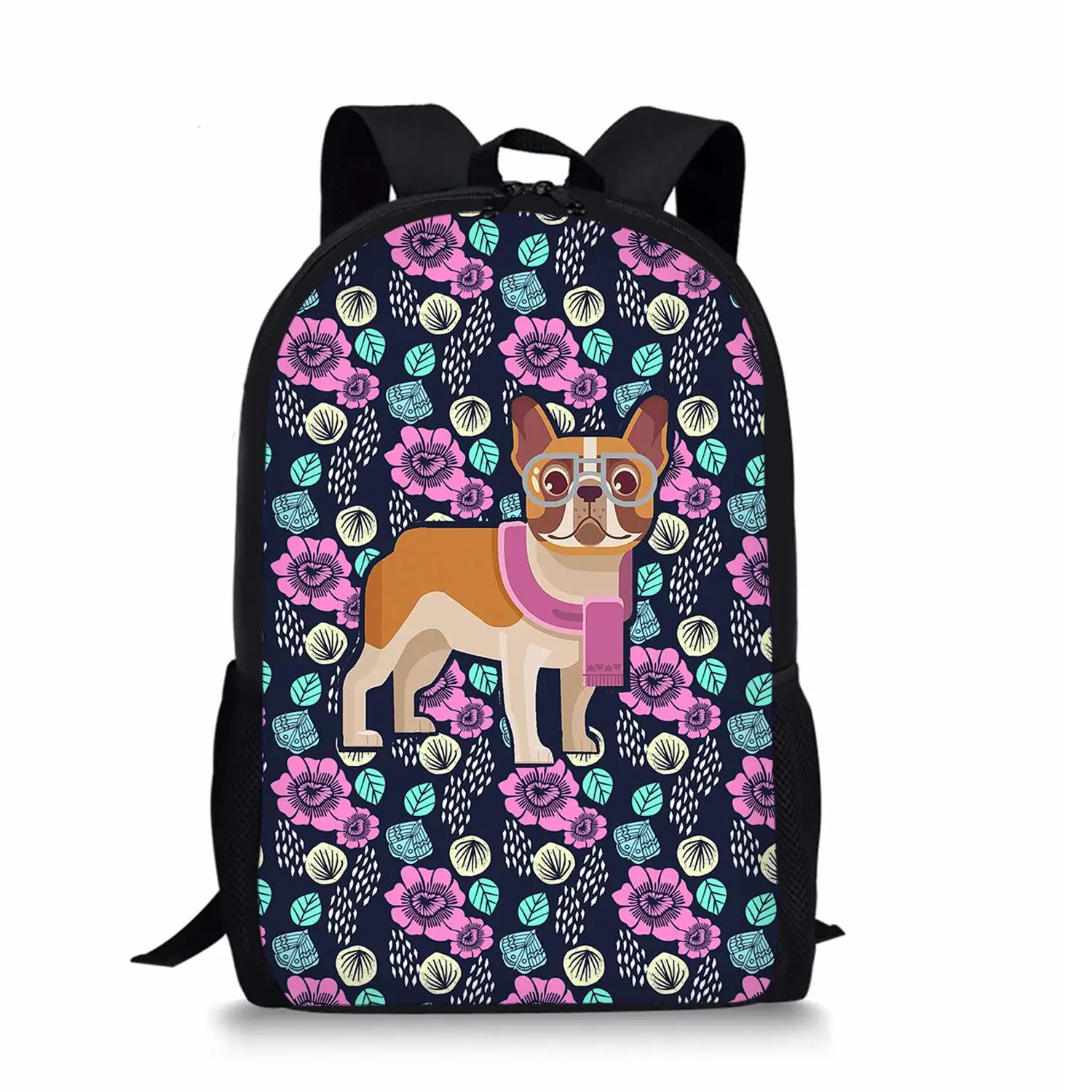 Школьная сумка с французским бульдогом для девочек Повседневные сумки для книг Цветы с принтами животных и собак Детский рюкзак Для мальчиков и девочек Школьные сумки из полиэстера - 3