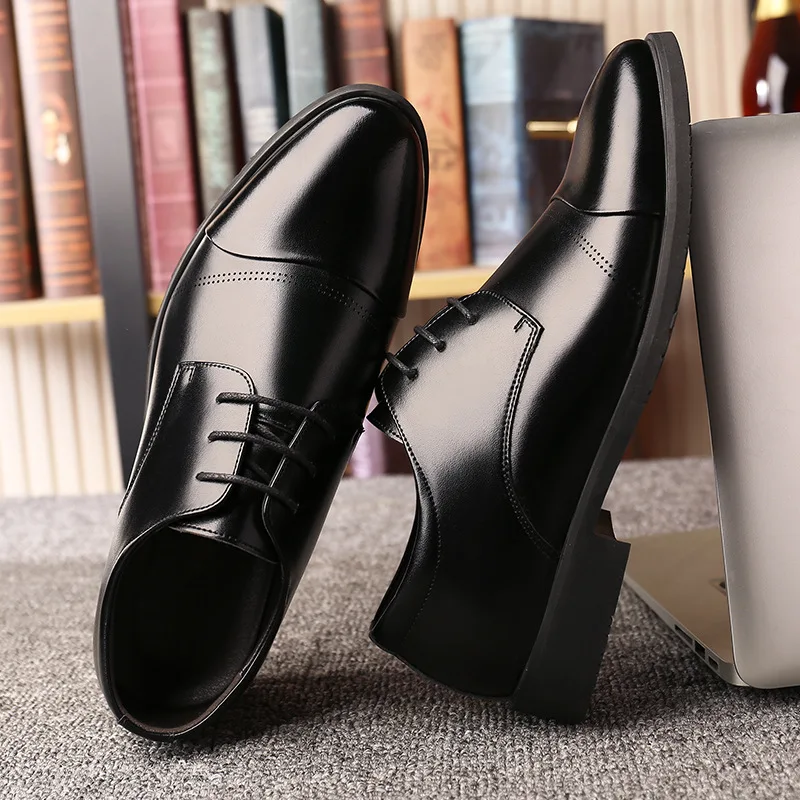 Мужские модельные туфли из коровьей спилка на квадратном каблуке со шнуровкой Four Seasons, увеличивающие рост, мужская деловая официальная одежда, обувь Hw75 - 3