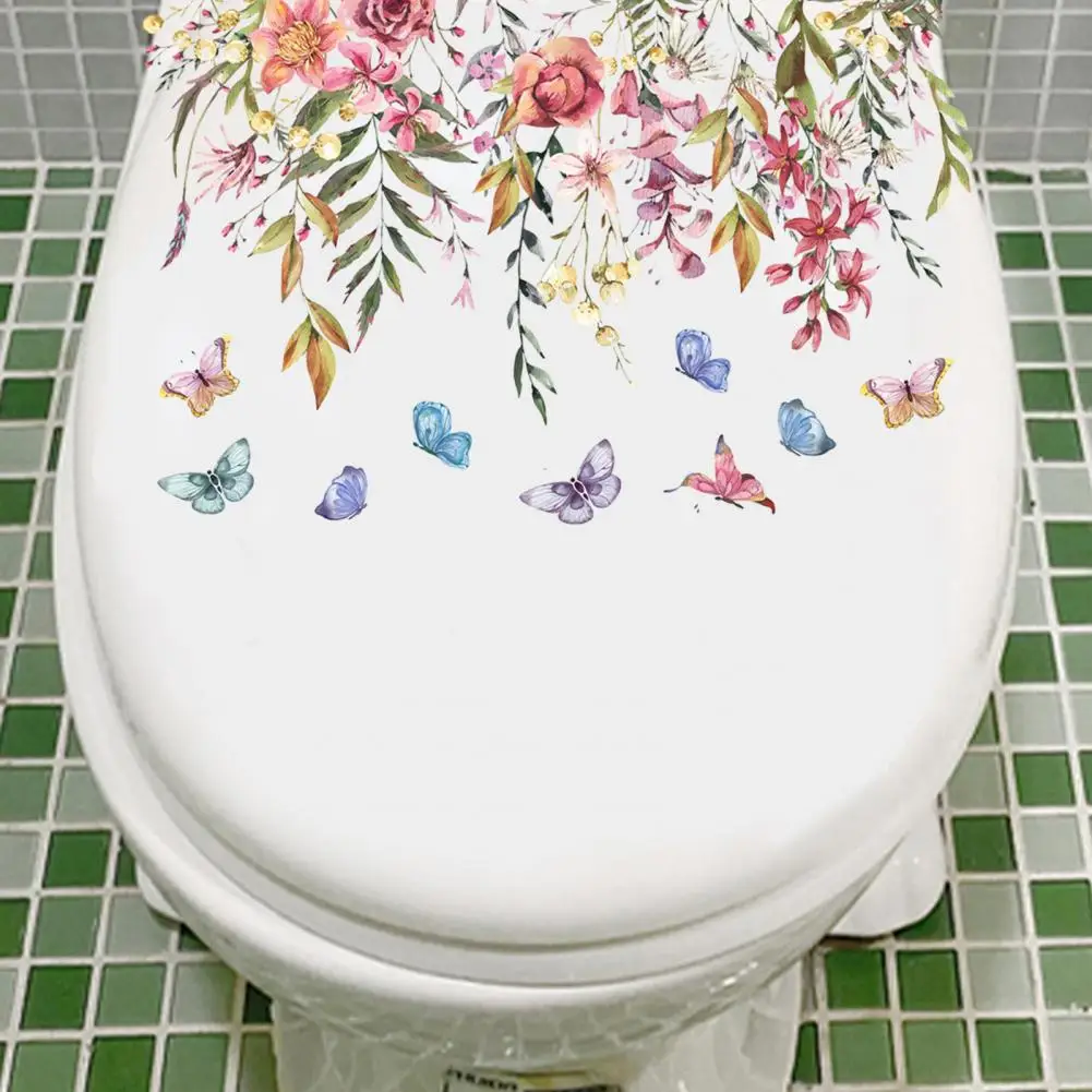 Наклейка для декора ванной комнаты, яркий цветок, бабочка, наклейка на туалет, долговечная наклейка из ПВХ для домашнего украшения ванной комнаты, уникальная - 3