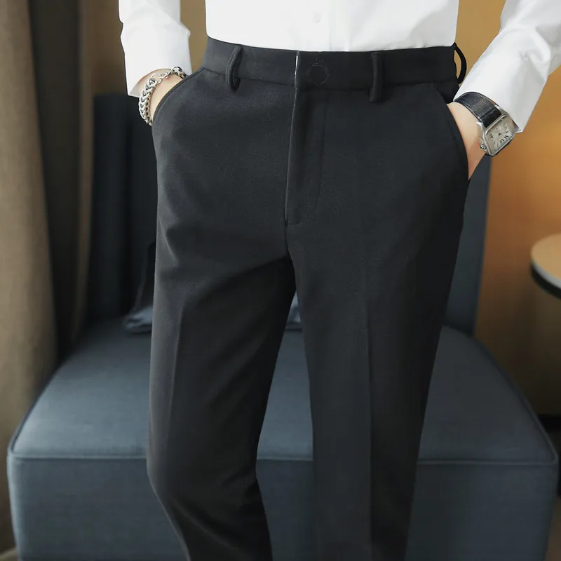 Зимние Деловые брюки с вышивкой, Мужские Однотонные Шерстяные Костюмные брюки, Повседневные Облегающие Офисные Социальные брюки, Костюм Homme - 3