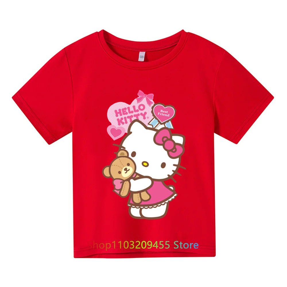 Футболка Hello Kitty, детская одежда для мальчиков и девочек, одежда для девочек, топы с короткими рукавами, спортивная мода с короткими рукавами для детей от 3 до 14 лет - 3