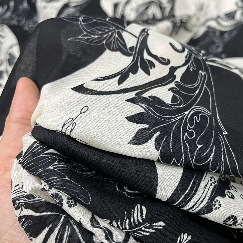 Модный черно-белый абстрактный цветочный принт Тонкая хлопчатобумажная ткань для женского платья блузки ручной работы - 3