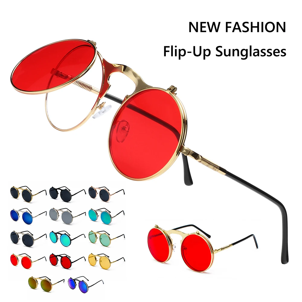Мужские и женские круглые очки с защитой от ультрафиолета Солнцезащитные очки в стиле стимпанк Круглые солнцезащитные очки Солнцезащитные очки с откидной крышкой - 3